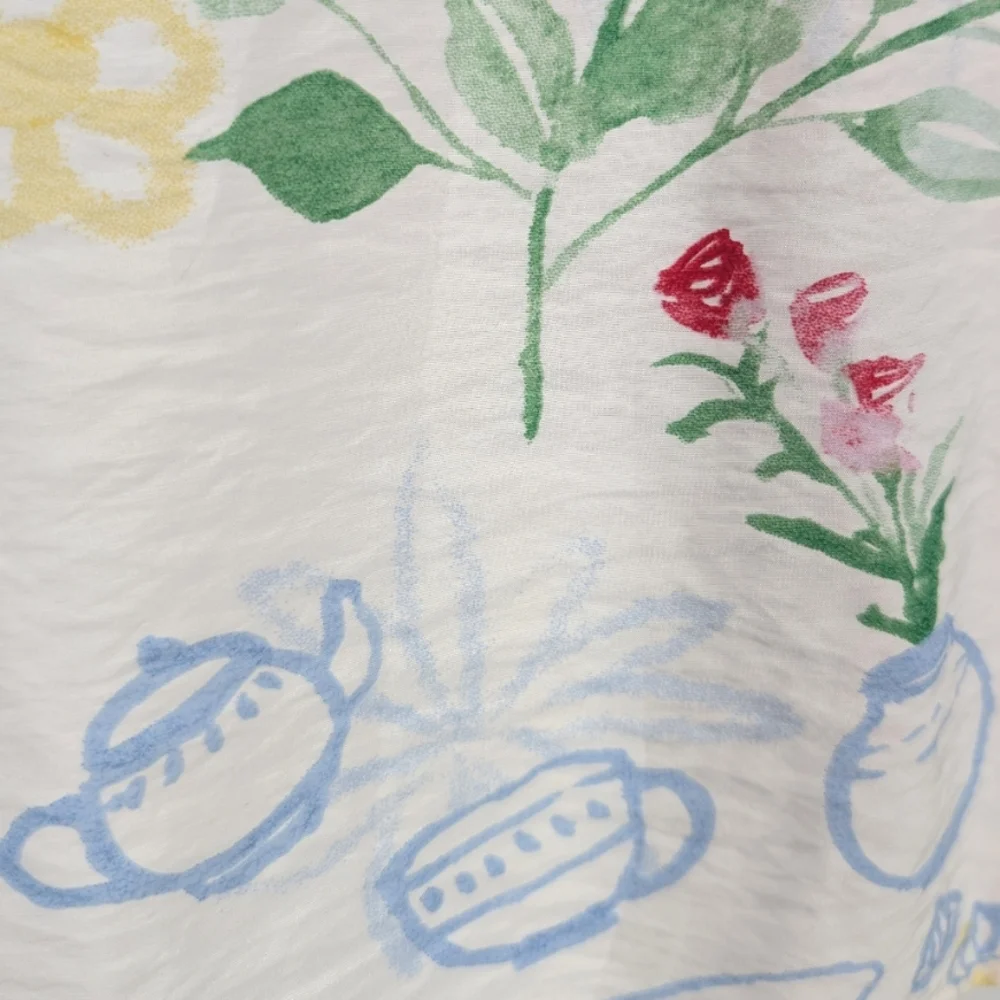 Rachel Zoe White Blue Green Floral Tea Watercolor Short Sleeve Blouse Large - Picture 9 of 12